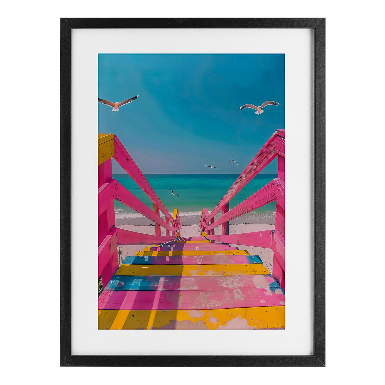 Stupell Industries Retro Pink Beach Stairs Black Framed Print Under Glass, design by LSR Design Studio